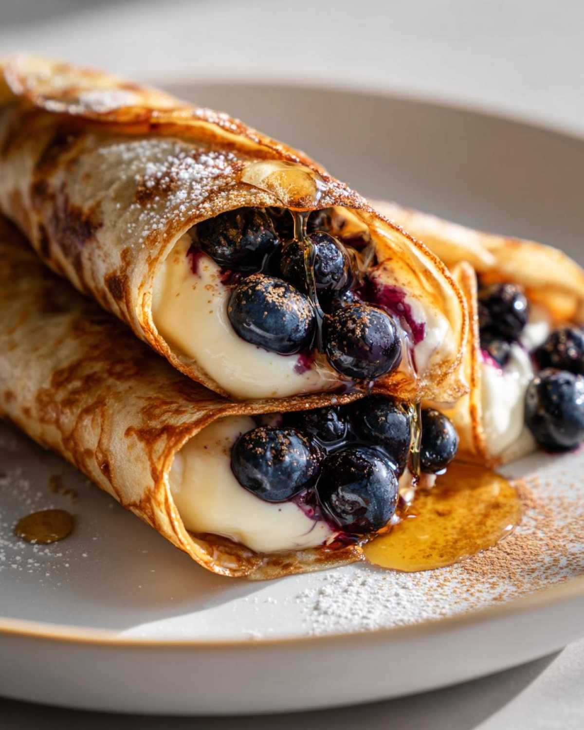Close-up of two blueberry breakfast quesadillas filled with cream and fresh blueberries, drizzled with honey.