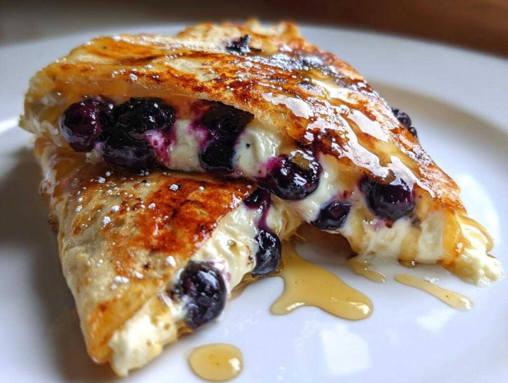 Close-up of a folded blueberry breakfast quesadilla, oozing with cream cheese and drizzled with honey.