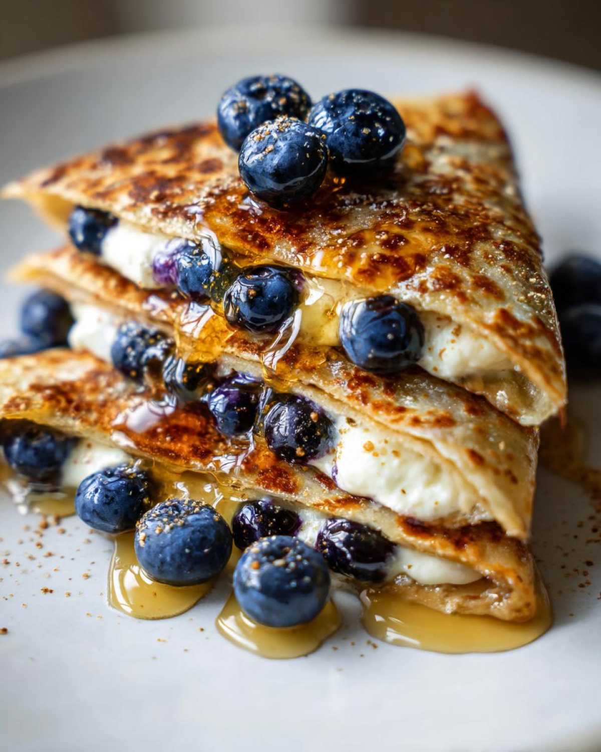 A stacked blueberry breakfast quesadilla with a creamy filling, fresh blueberries, and drizzled with honey.