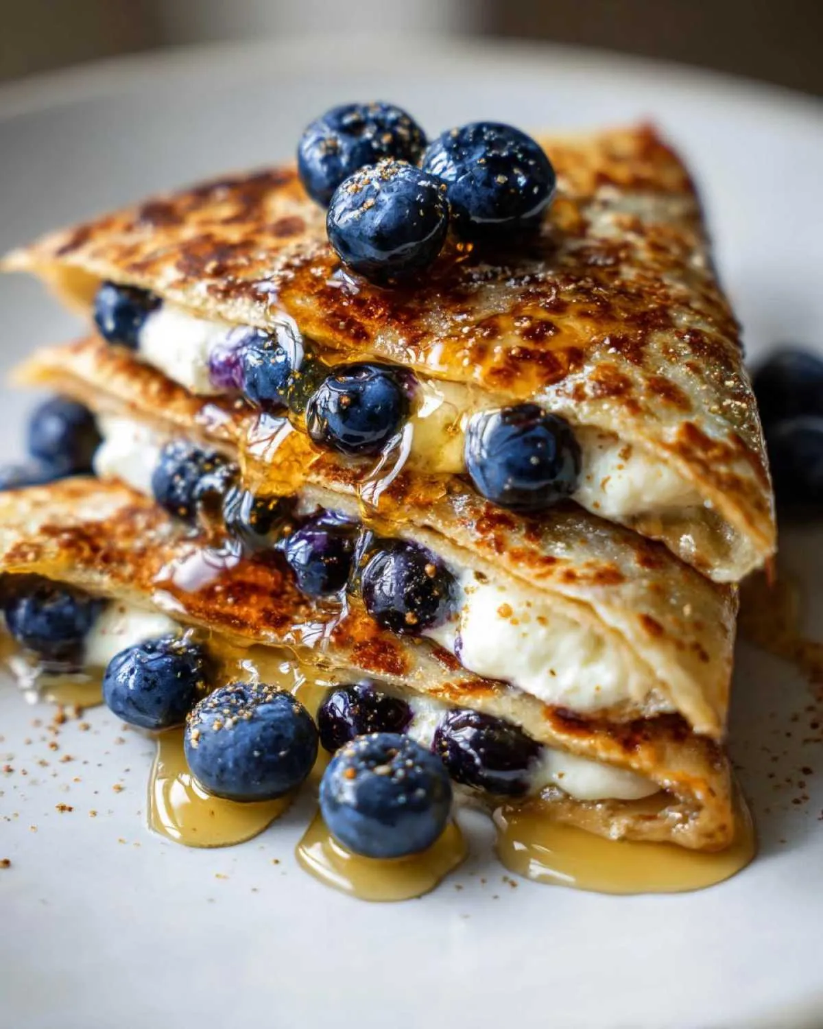 A stacked blueberry breakfast quesadilla with a creamy filling, fresh blueberries, and drizzled with honey.
