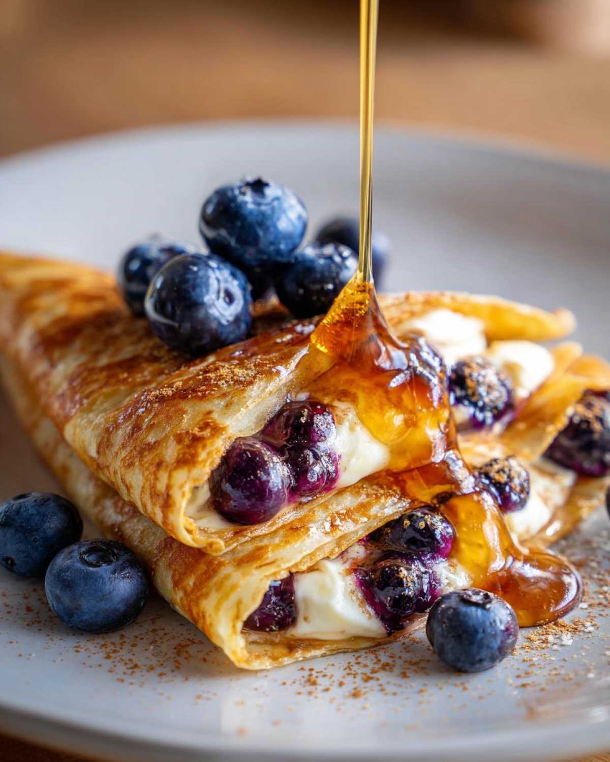 Close-up of a blueberry breakfast quesadilla folded in half, topped with fresh blueberries and drizzled with syrup.