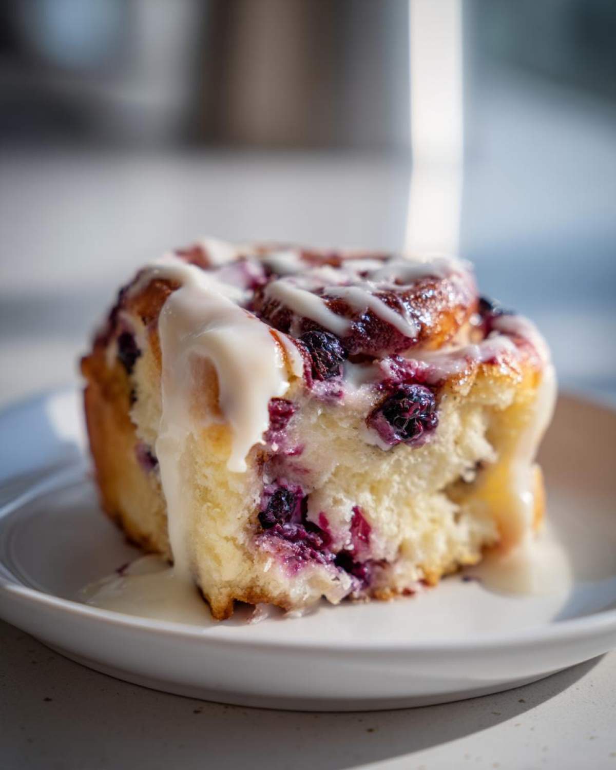 A close-up of a single blueberry cheesecake roll, generously drizzled with white glaze and packed with blueberries.