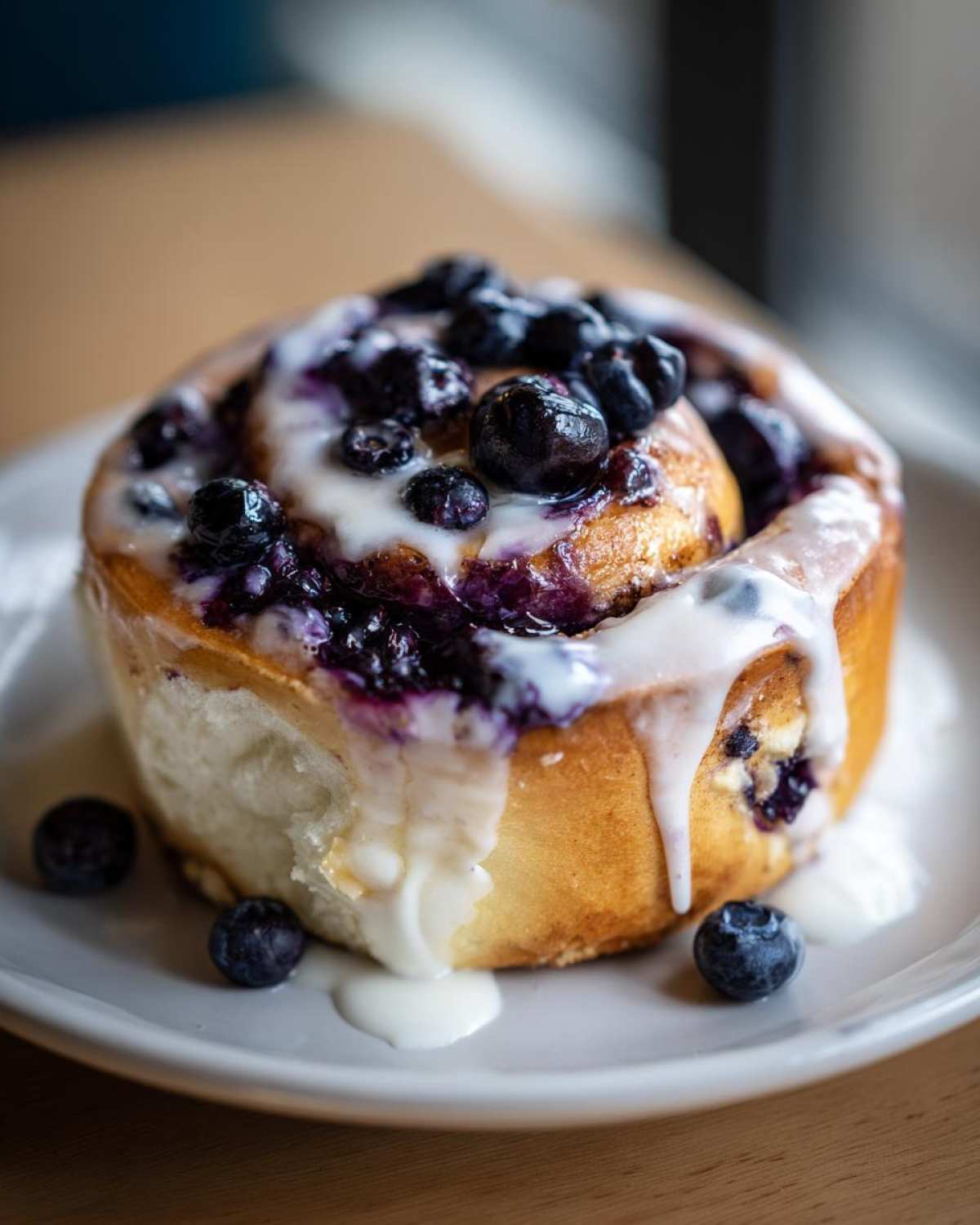 Close-up of a freshly baked blueberry cheesecake roll topped with fresh blueberries and drizzled with white glaze.