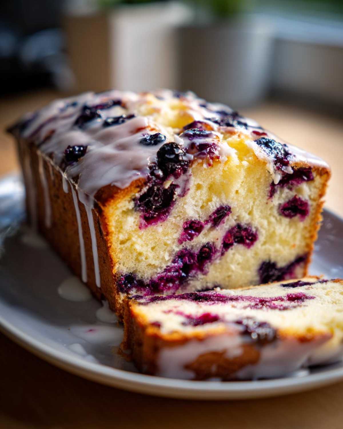 A close-up of a freshly baked blueberry loaf, sliced and drizzled with a sweet white glaze.