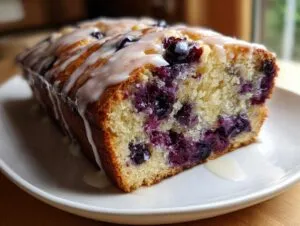 A close-up of a slice of blueberry loaf, drizzled with a white glaze and packed with fresh blueberries.