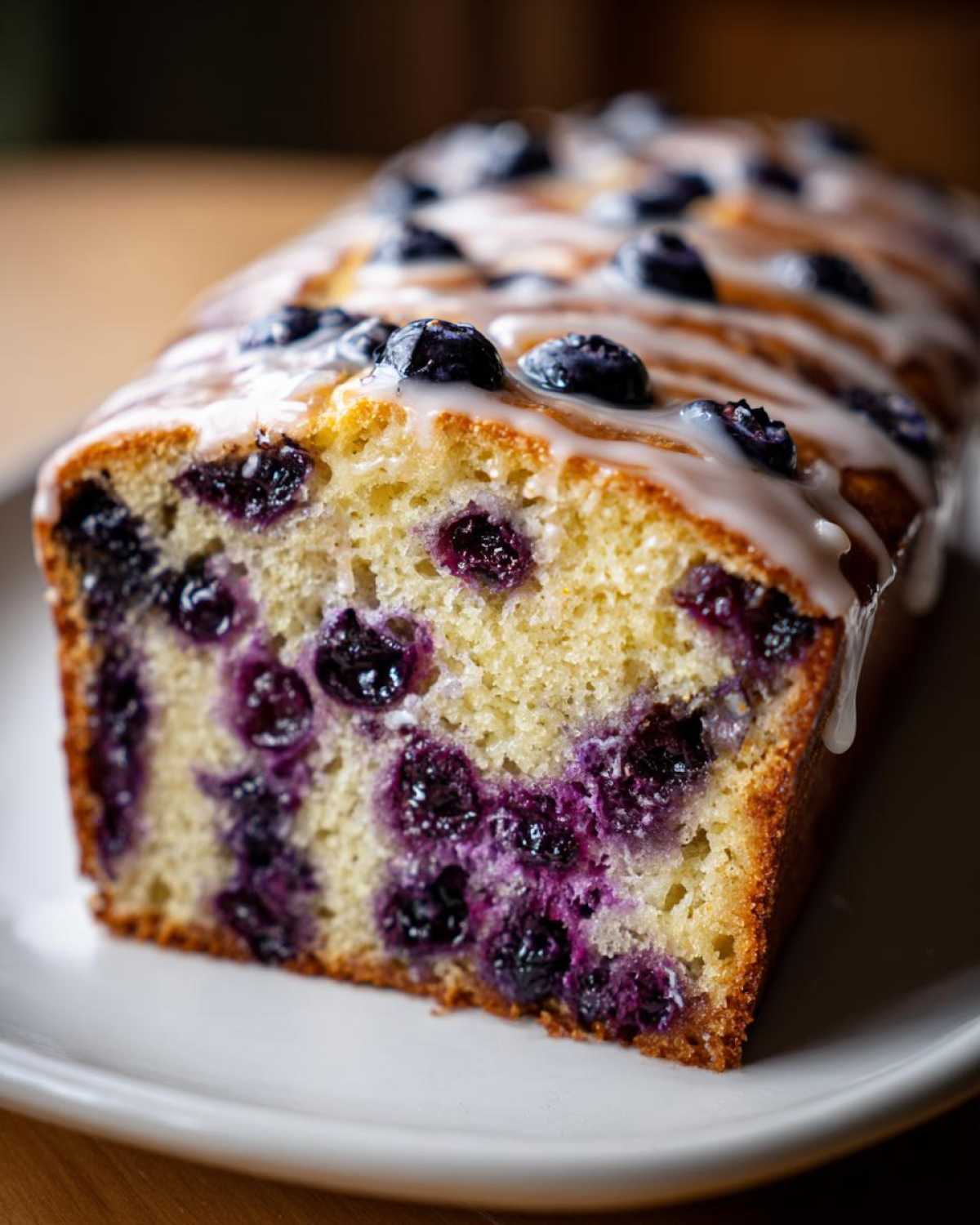 A close-up of a slice of blueberry loaf, showcasing plump blueberries and a sweet glaze.