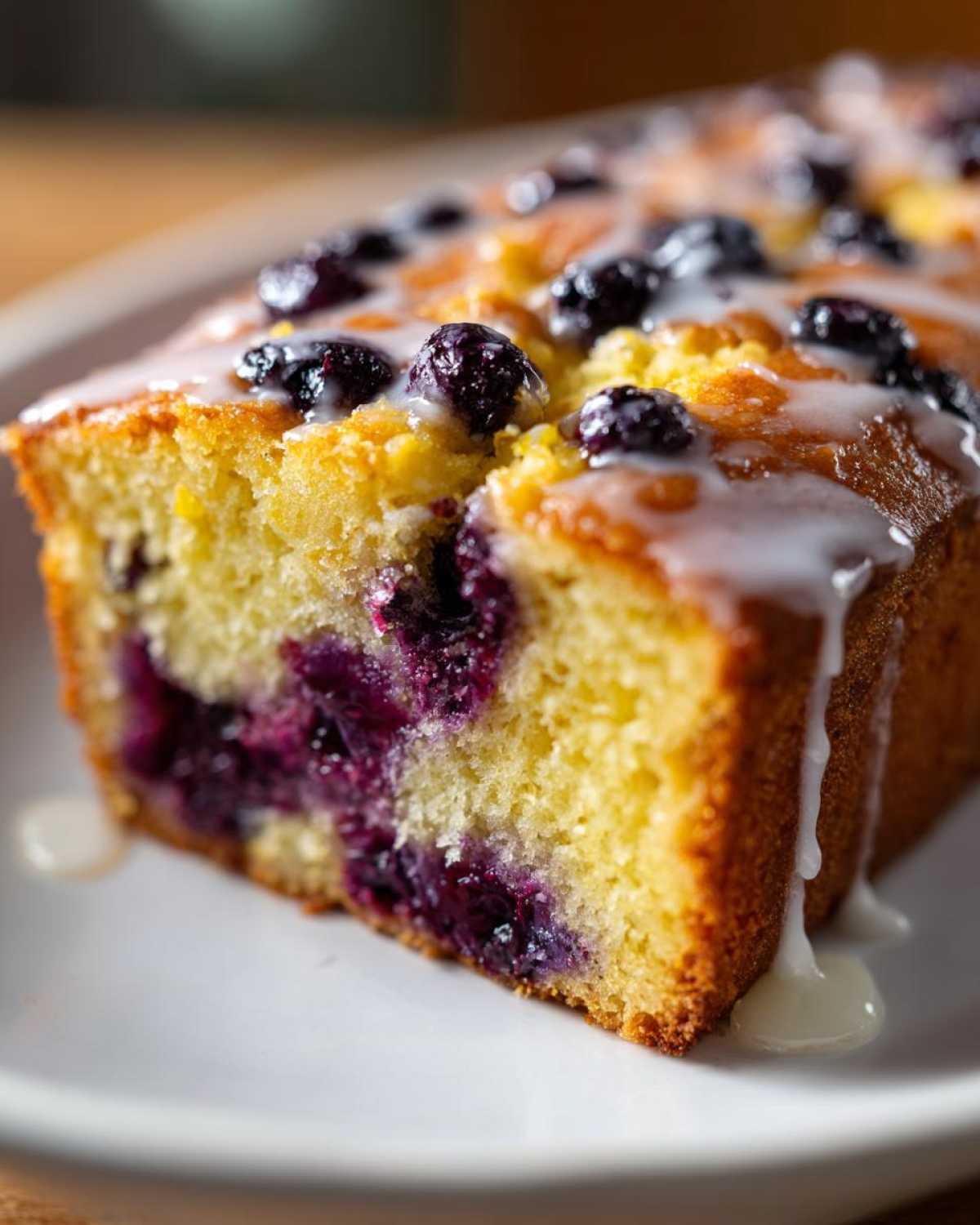 A close-up of a slice of blueberry loaf, topped with a sweet glaze and fresh blueberries.