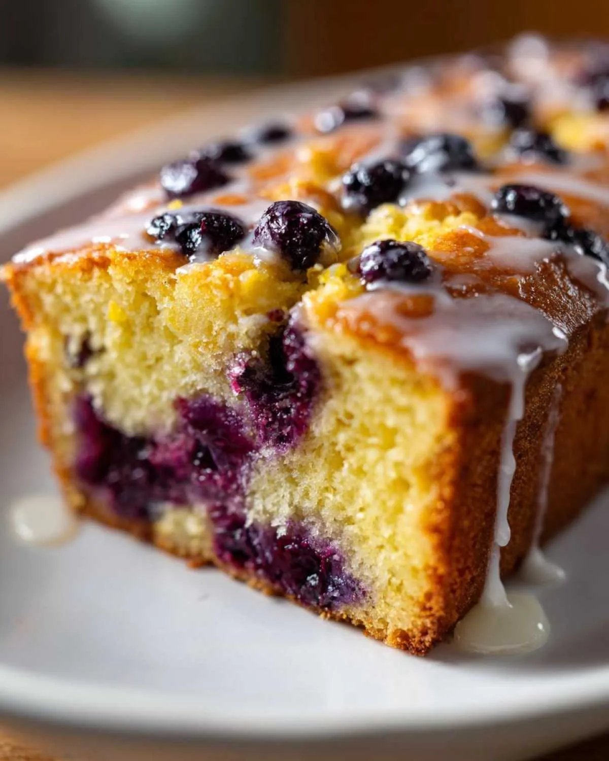 A close-up of a slice of blueberry loaf, topped with a sweet glaze and fresh blueberries.