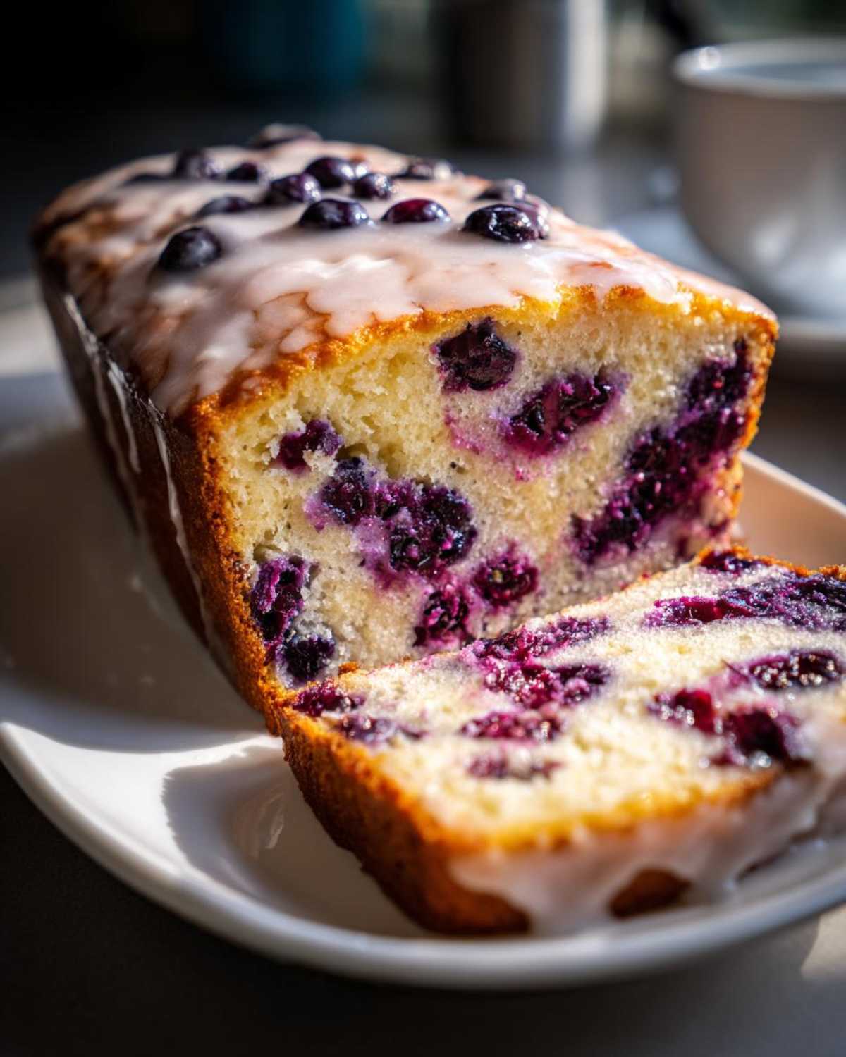 A close-up of a freshly baked blueberry loaf, sliced to reveal juicy blueberries and topped with a sweet white glaze.