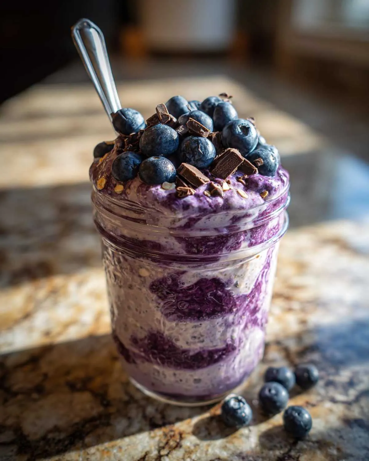 A close-up of creamy blueberry overnight oats in a mason jar, topped with fresh blueberries and chocolate chunks, with a spoon.