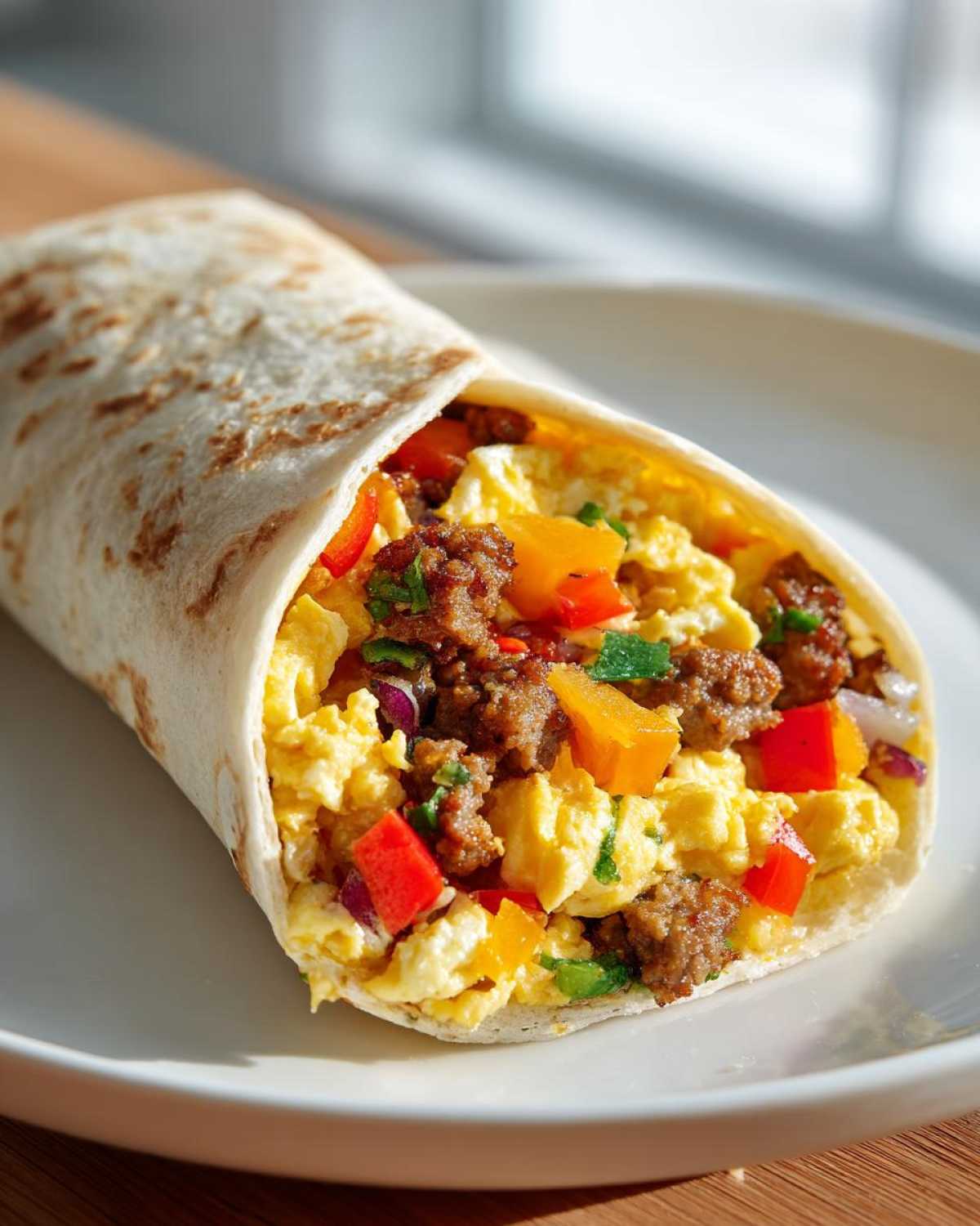 A close-up of a breakfast burrito filled with scrambled eggs, crumbled sausage, red and yellow bell peppers, and green onions.