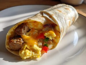 A close-up of a breakfast burrito filled with scrambled eggs, sausage, melted cheese, and diced peppers.