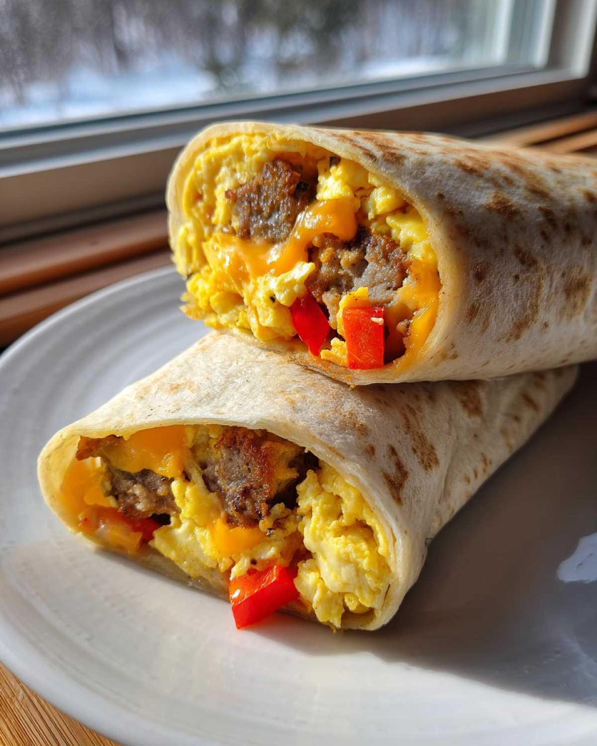 Close-up of two halves of a breakfast burrito filled with scrambled eggs, sausage, cheese, and red bell peppers.