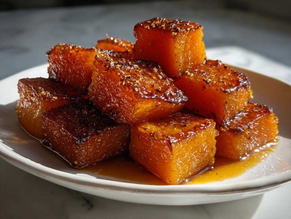 Close-up of glistening brown sugar roasted butternut squash cubes piled on a white plate.