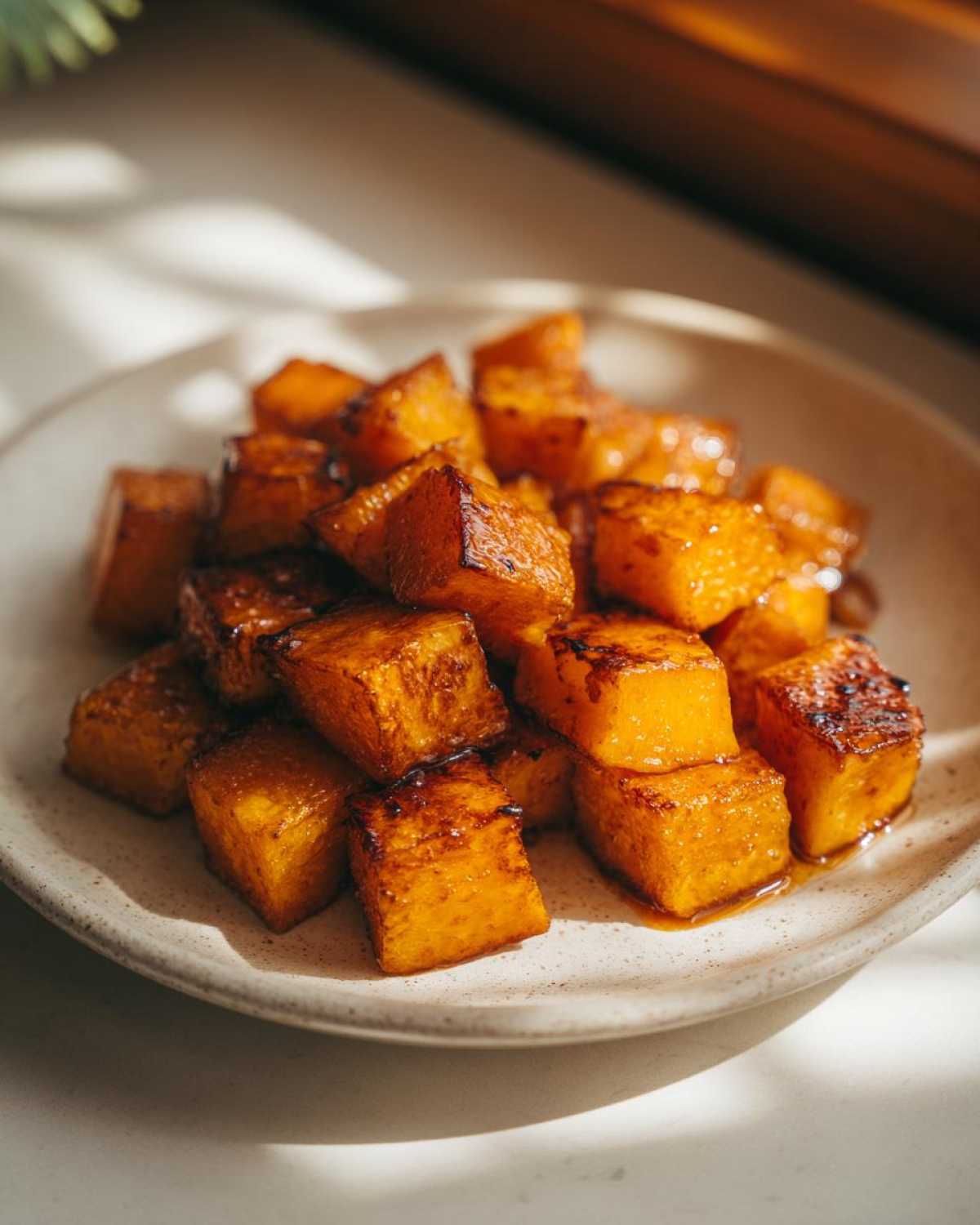 Close-up of glistening brown sugar roasted butternut squash cubes piled on a plate.