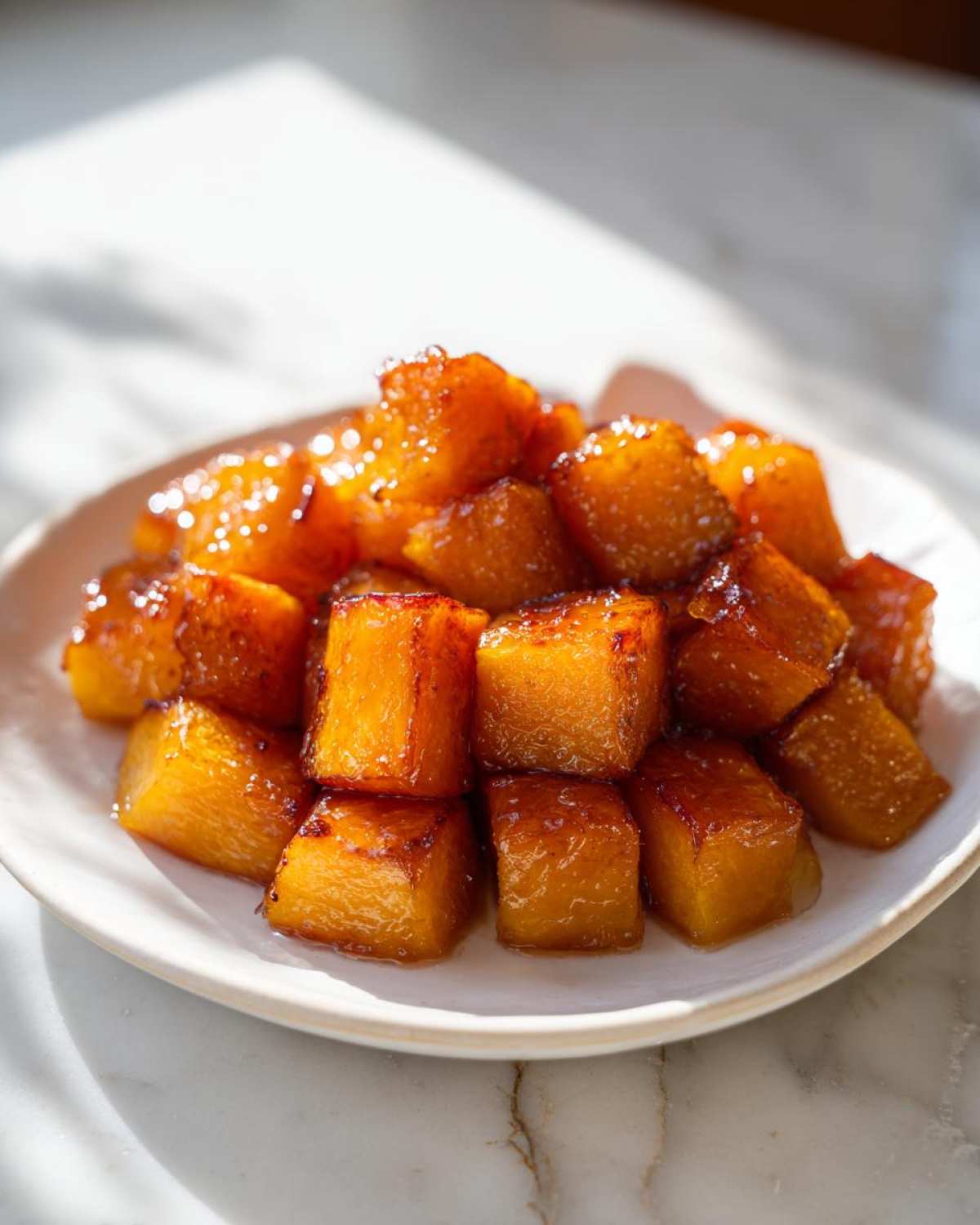 A close-up of glistening brown sugar roasted butternut squash cubes piled on a white plate.