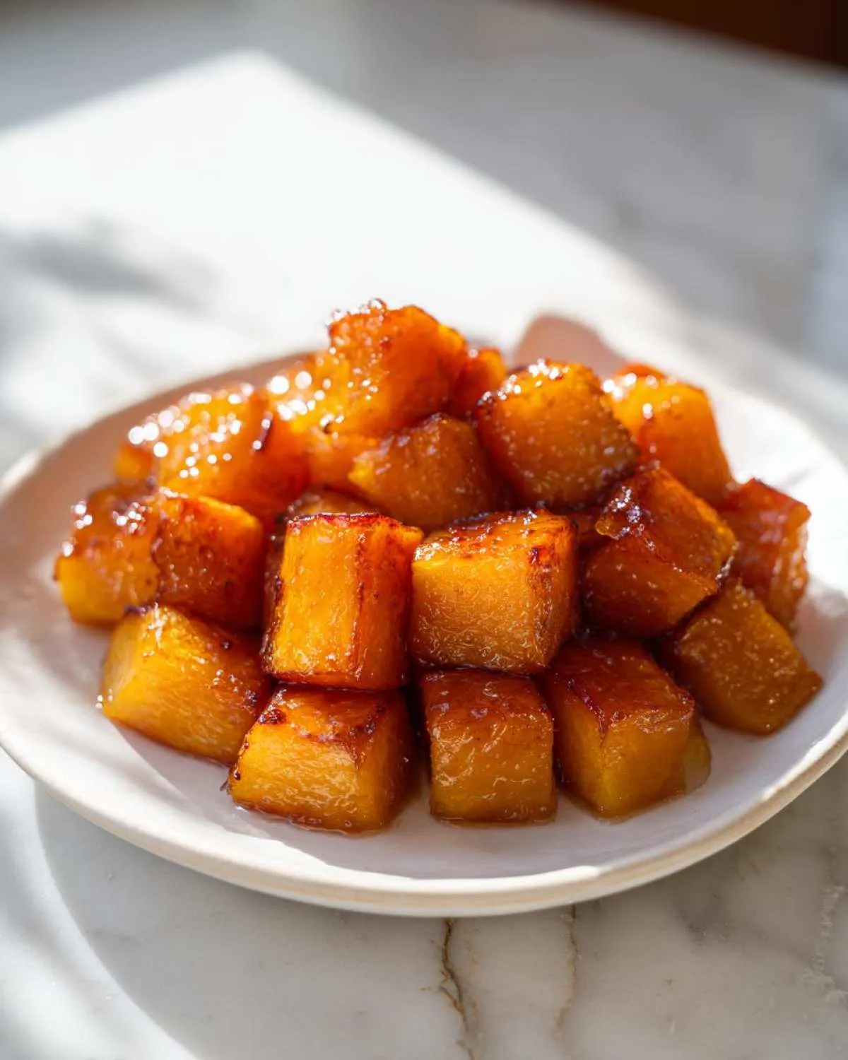 A close-up of glistening brown sugar roasted butternut squash cubes piled on a white plate.