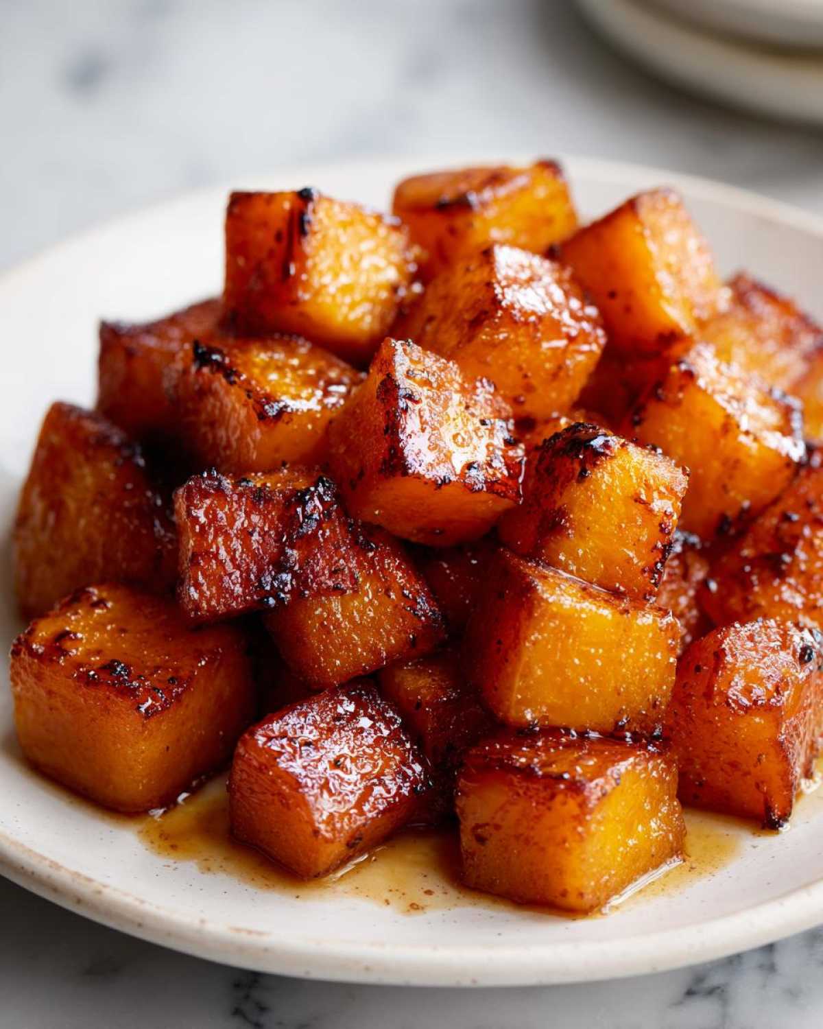 Close-up of glistening brown sugar roasted butternut squash cubes piled on a white plate.