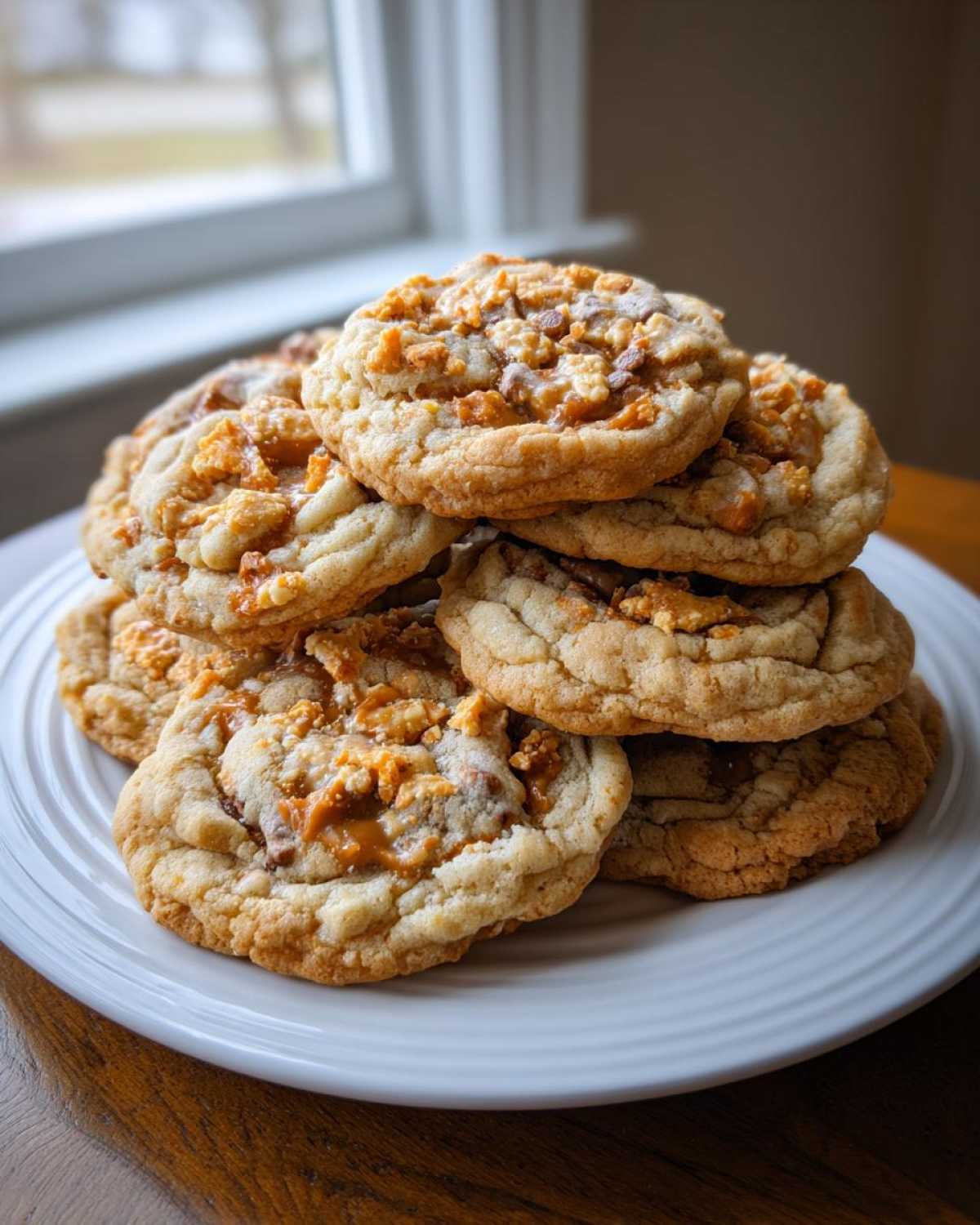 A stack of freshly baked Butterfinger caramel cookies on a white plate.
