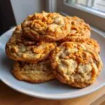 A close-up of a stack of freshly baked Butterfinger caramel cookies on a white plate.
