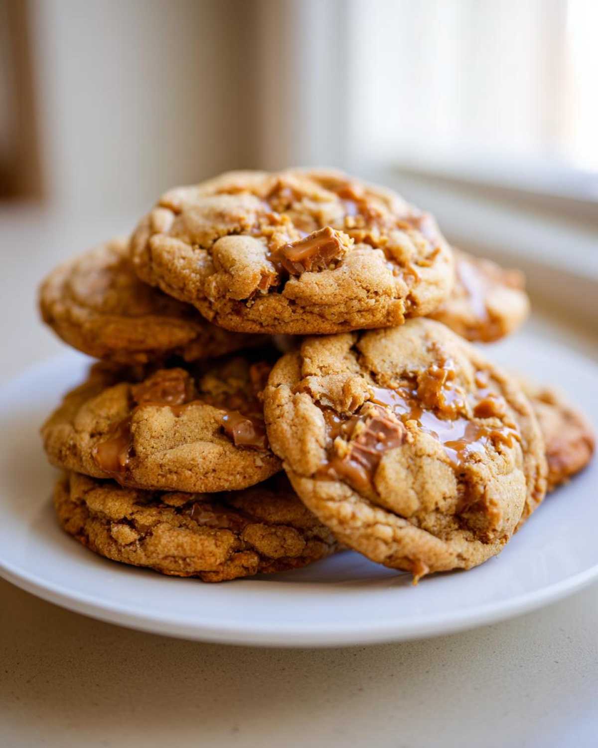 A stack of freshly baked Butterfinger caramel cookies on a white plate, with visible chunks of Butterfinger and caramel.