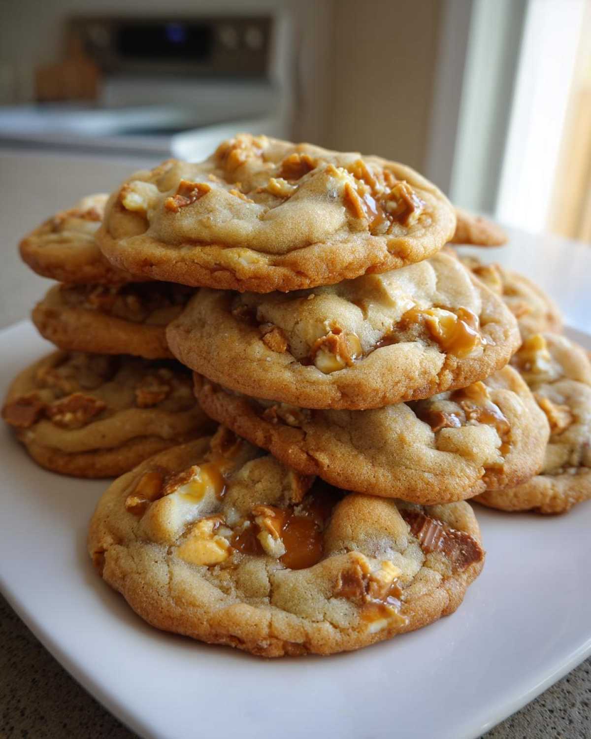 A stack of delicious Butterfinger caramel cookies, showcasing chunks of candy and gooey caramel.