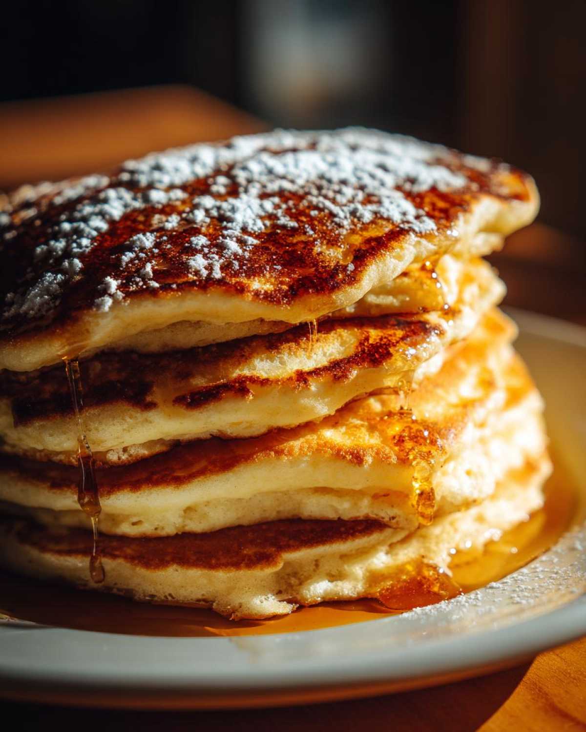 A tall stack of fluffy buttermilk pancakes, dusted with powdered sugar and drizzled with syrup.