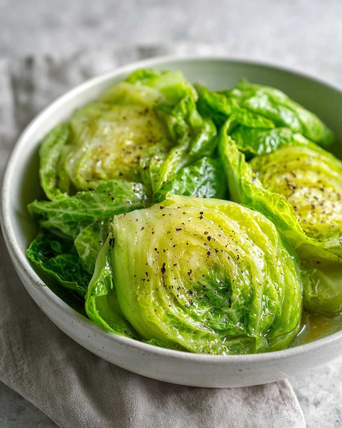 Close-up of a bowl filled with tender cabbage boil, seasoned with cracked black pepper.
