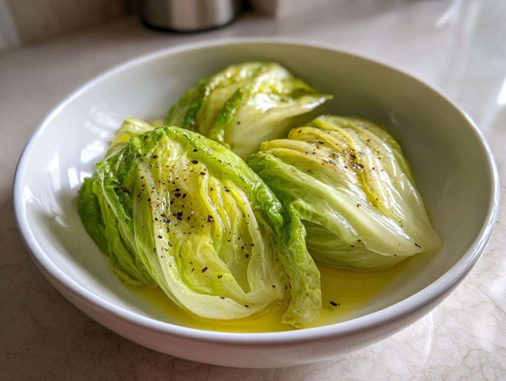Close-up of a white bowl filled with three wedges of cabbage boil, seasoned with black pepper and butter.