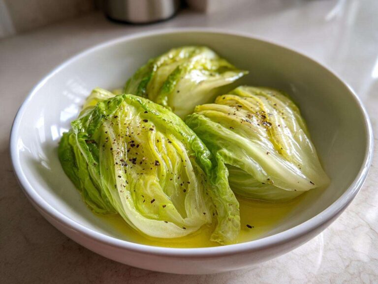 Close-up of a white bowl filled with three wedges of cabbage boil, seasoned with black pepper and butter.