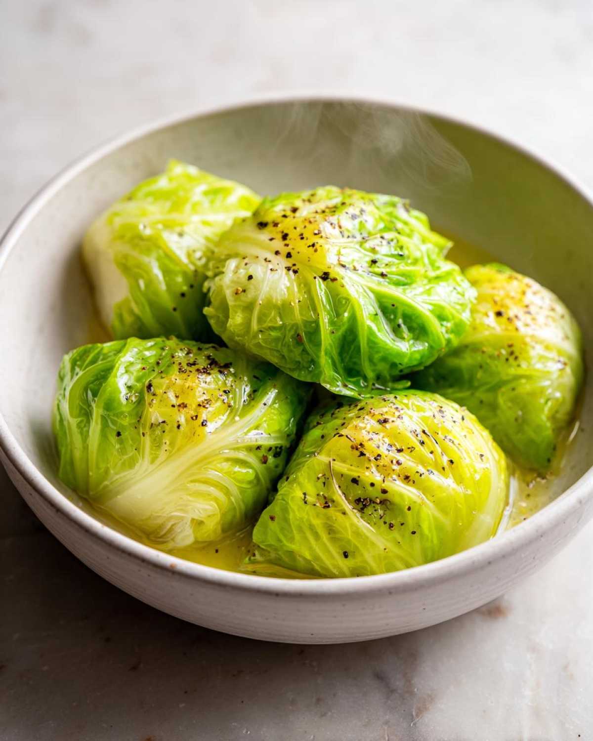 A close-up shot of a cabbage boil, with several steamed cabbage rolls in a bowl, seasoned with pepper.