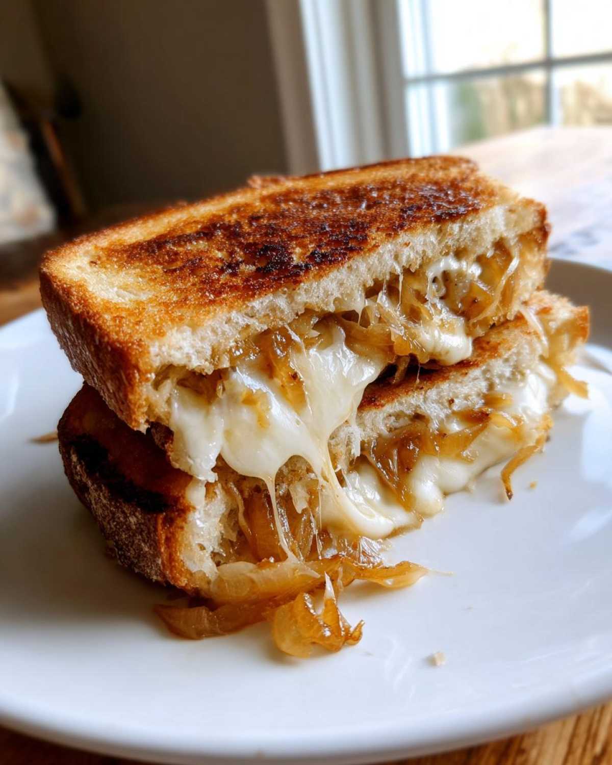 A close-up of a caramelized onion grilled cheese sandwich, cut in half, with melted cheese oozing out.