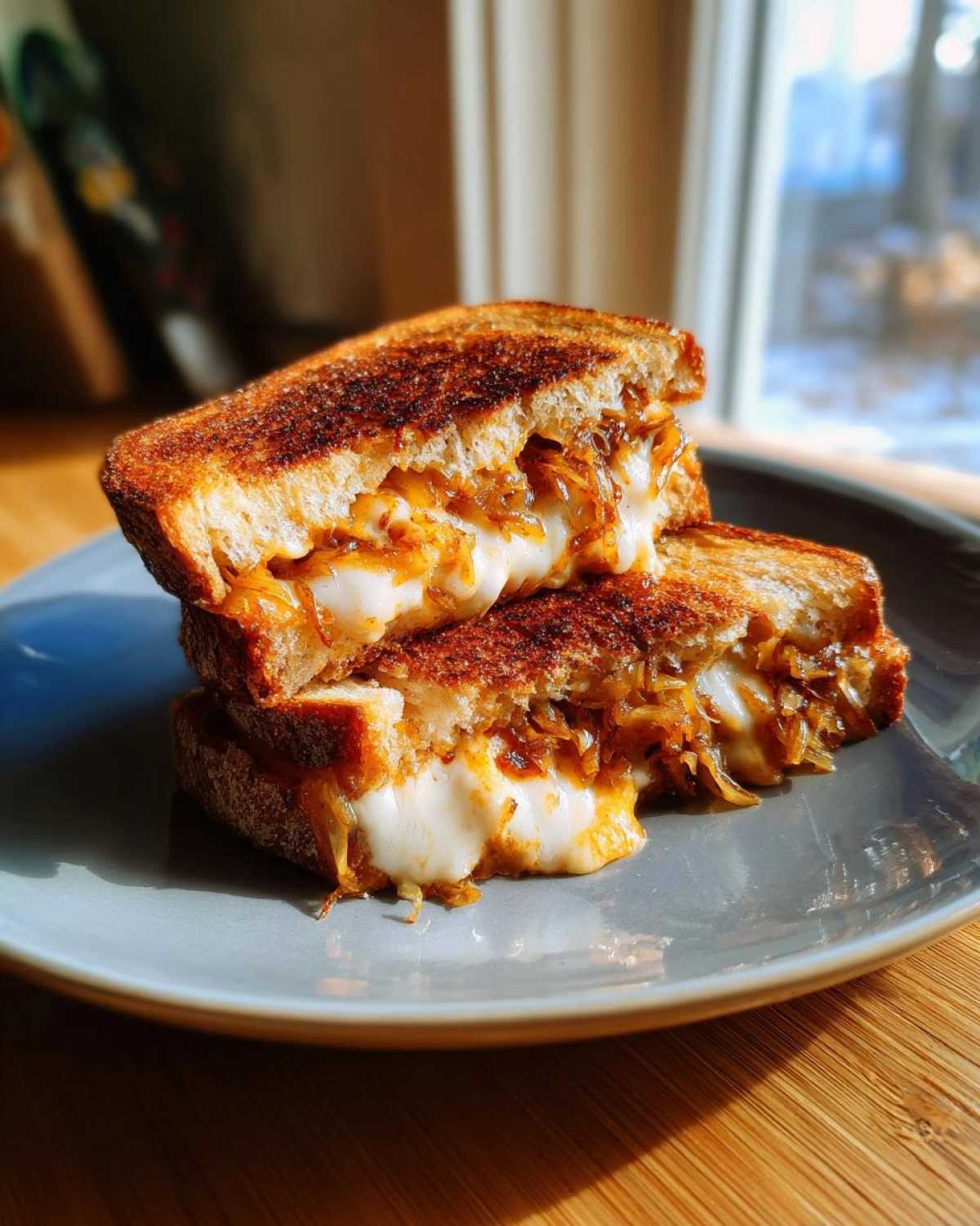 A close-up of a perfectly grilled caramelized onion grilled cheese sandwich, oozing with melted cheese.