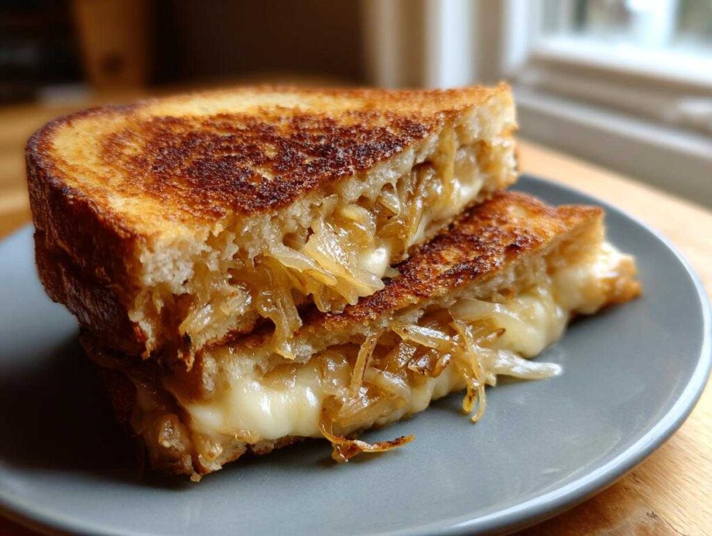 A close-up of a perfectly grilled caramelized onion grilled cheese sandwich, cut in half, with melted cheese oozing out.