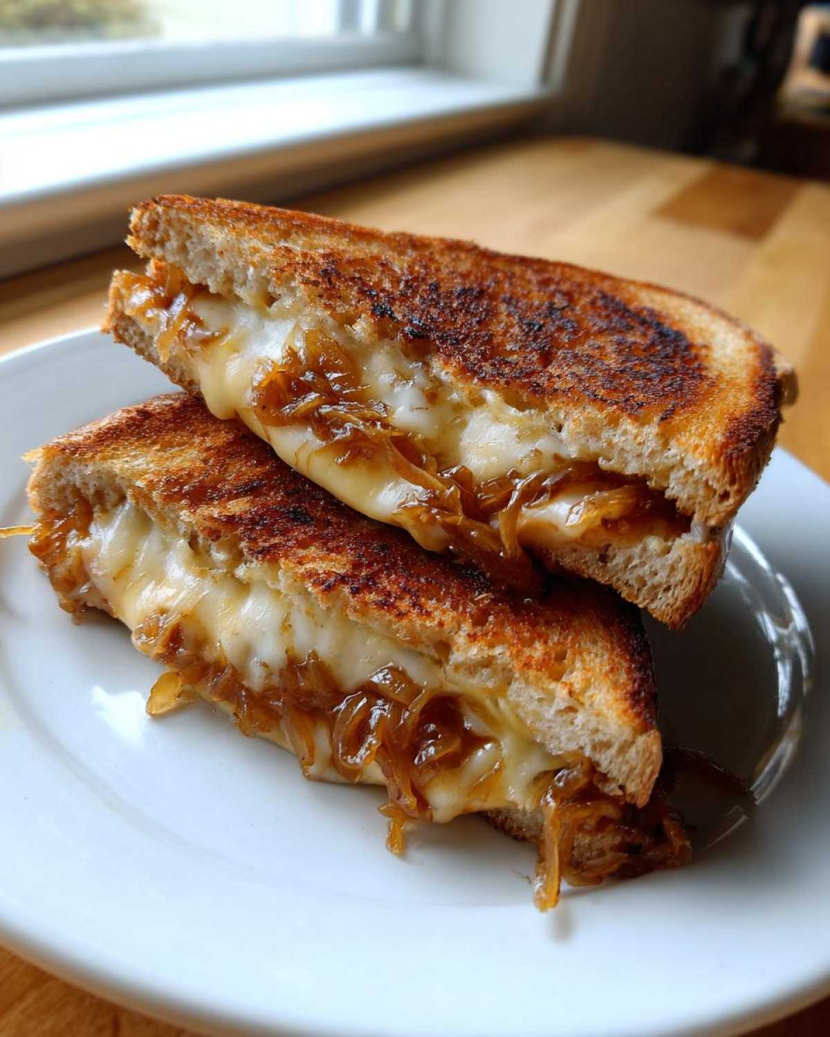 A close-up of a perfectly grilled caramelized onion grilled cheese sandwich, with gooey melted cheese oozing out.
