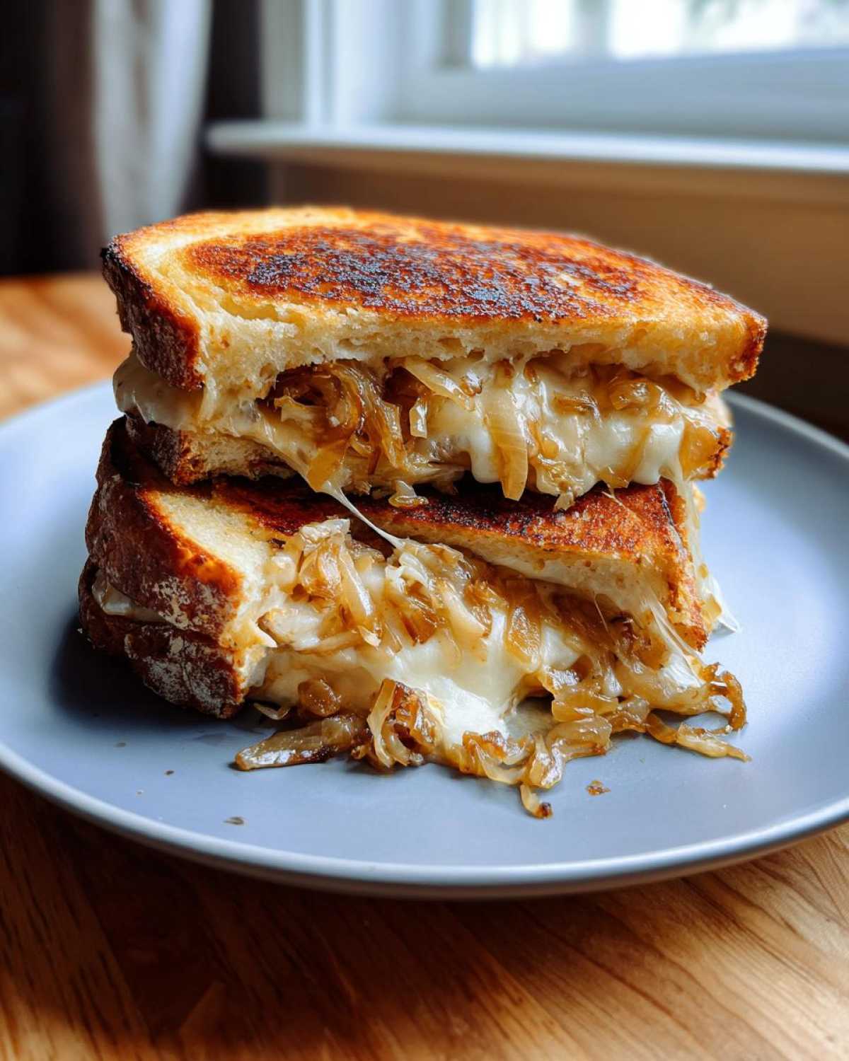 A close-up of a stacked caramelized onion grilled cheese sandwich with melted cheese oozing out.