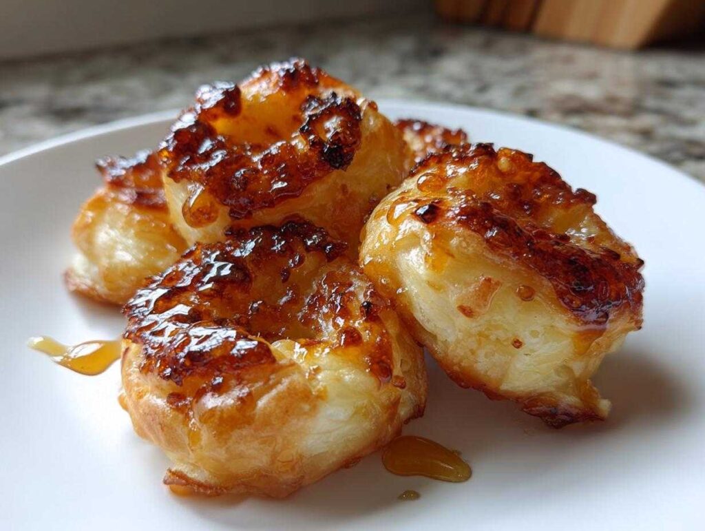 Close-up of golden brown caramelized onion gruyere hot honey bites drizzled with honey.