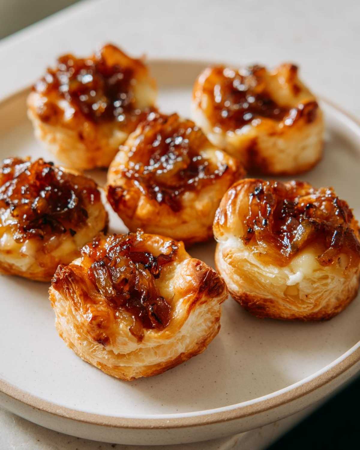 Close-up of delicious caramelized onion gruyere hot honey bites on a light-colored plate.