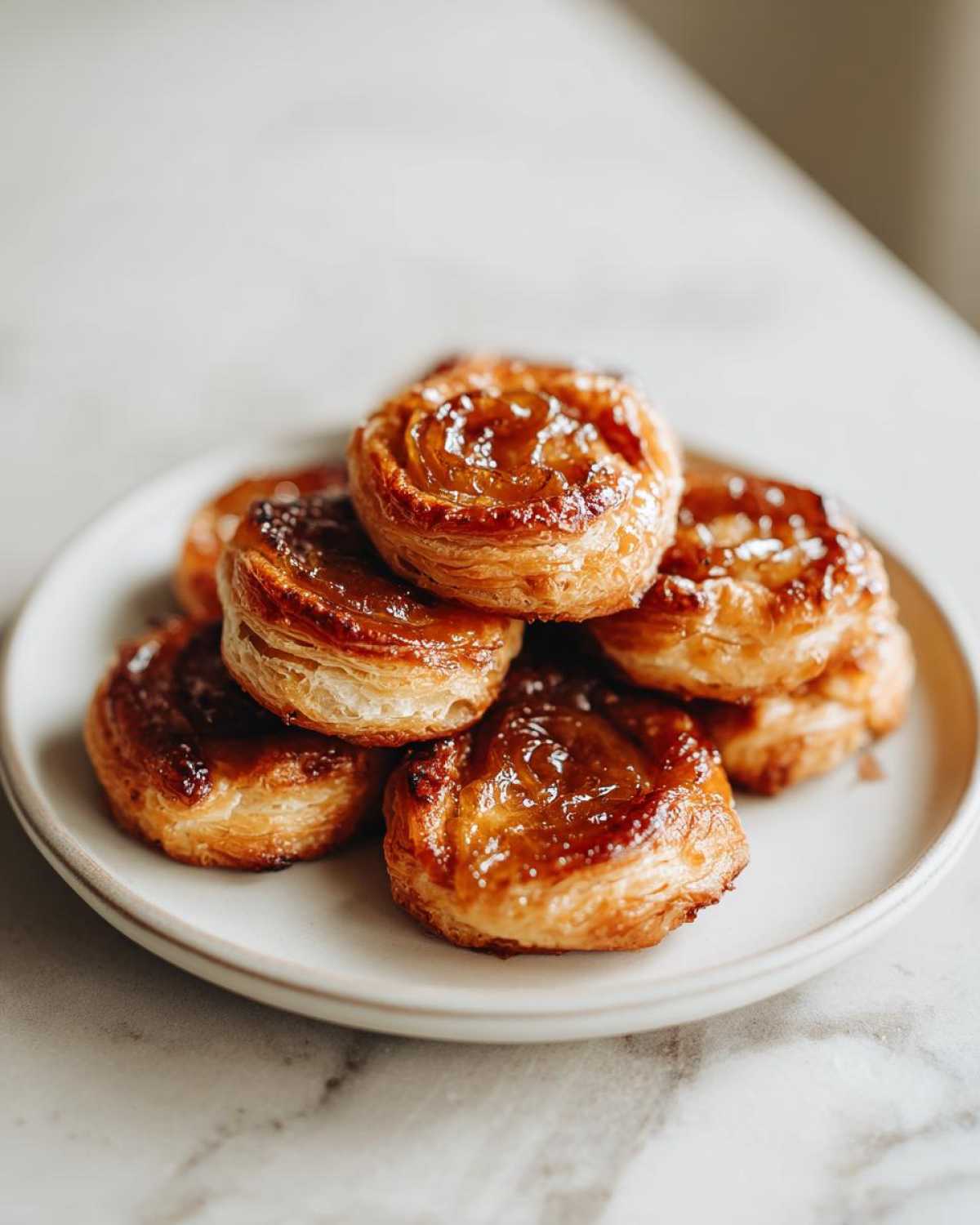 A stack of golden-brown caramelized onion gruyere hot honey bites on a white plate, showcasing flaky pastry and a glossy topping.