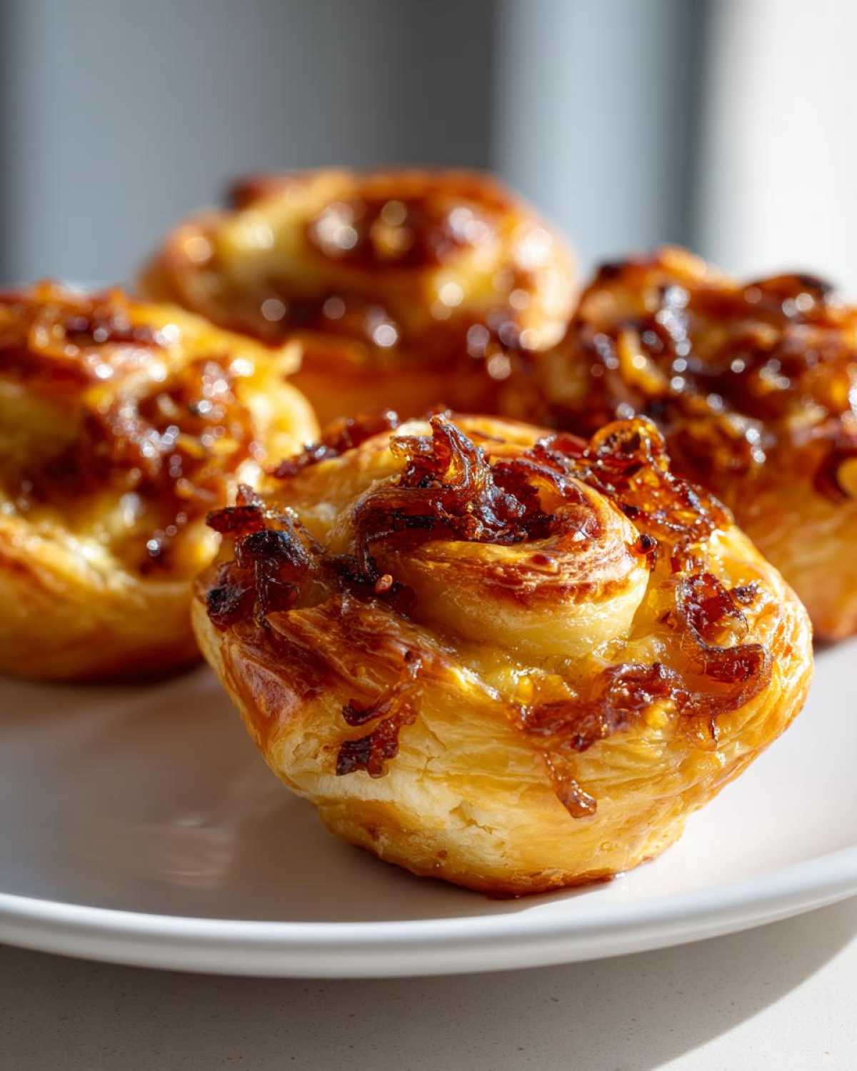 Close-up of golden-brown caramelized onion gruyere hot honey bites on a white plate.