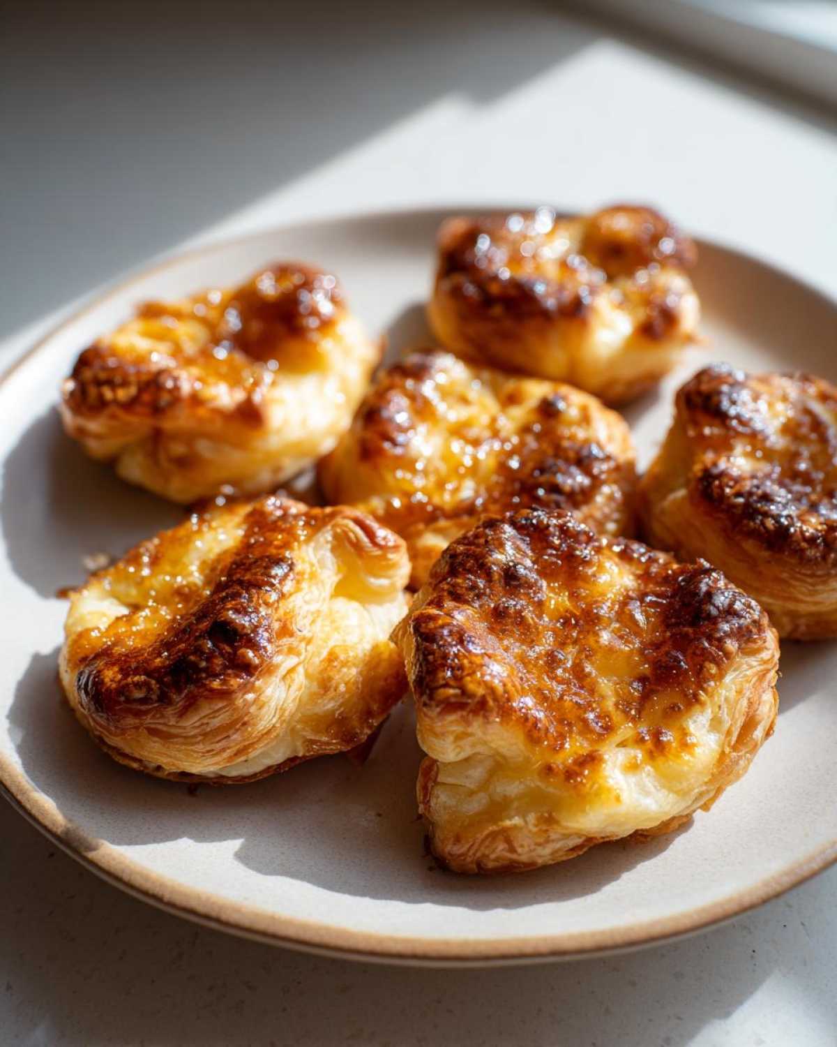 A plate of golden-brown caramelized onion gruyere hot honey bites with a glossy glaze.