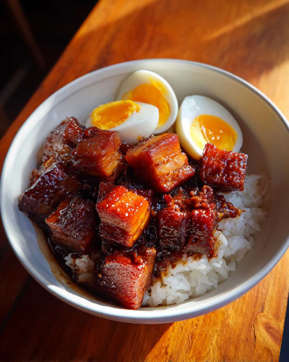 A bowl of white rice topped with glistening caramelized pork belly pieces and halved hard-boiled eggs.