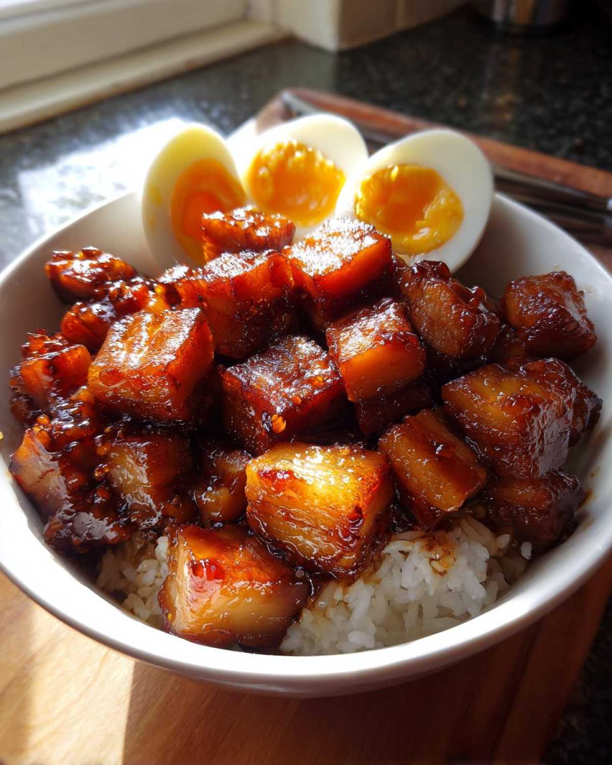 A bowl of white rice topped with glistening caramelized pork belly and halved hard-boiled eggs.