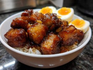 A bowl of fluffy white rice topped with glistening caramelized pork belly and halved soft-boiled eggs.