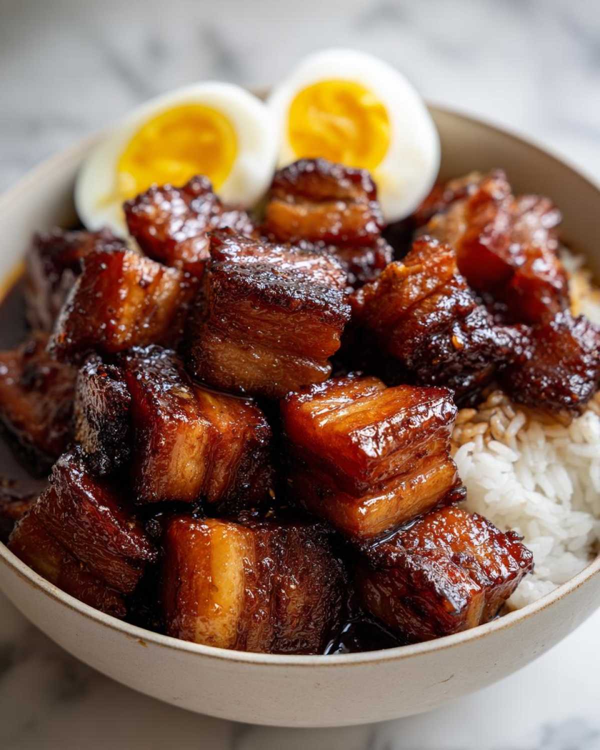 A bowl of caramelized pork belly served over rice, topped with halved hard-boiled eggs.