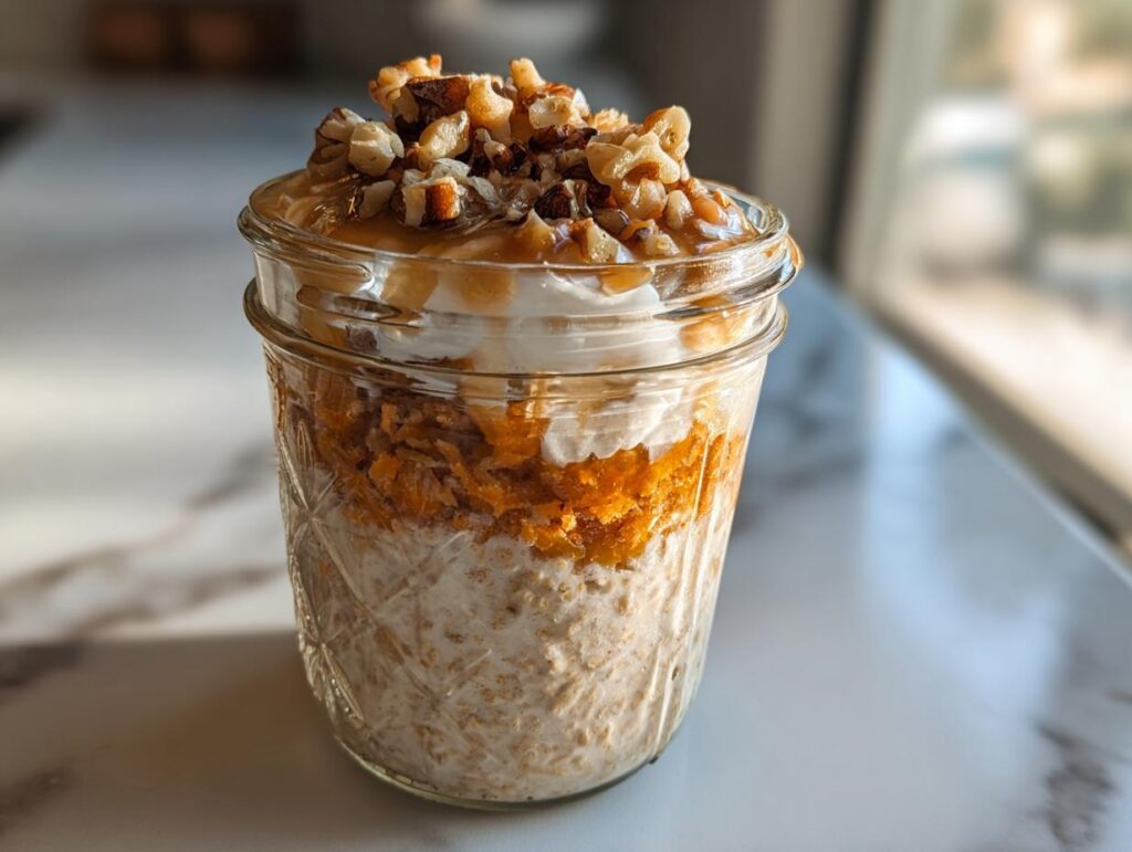 A mason jar filled with carrot cake overnight oats, topped with whipped cream, caramel, and chopped nuts.
