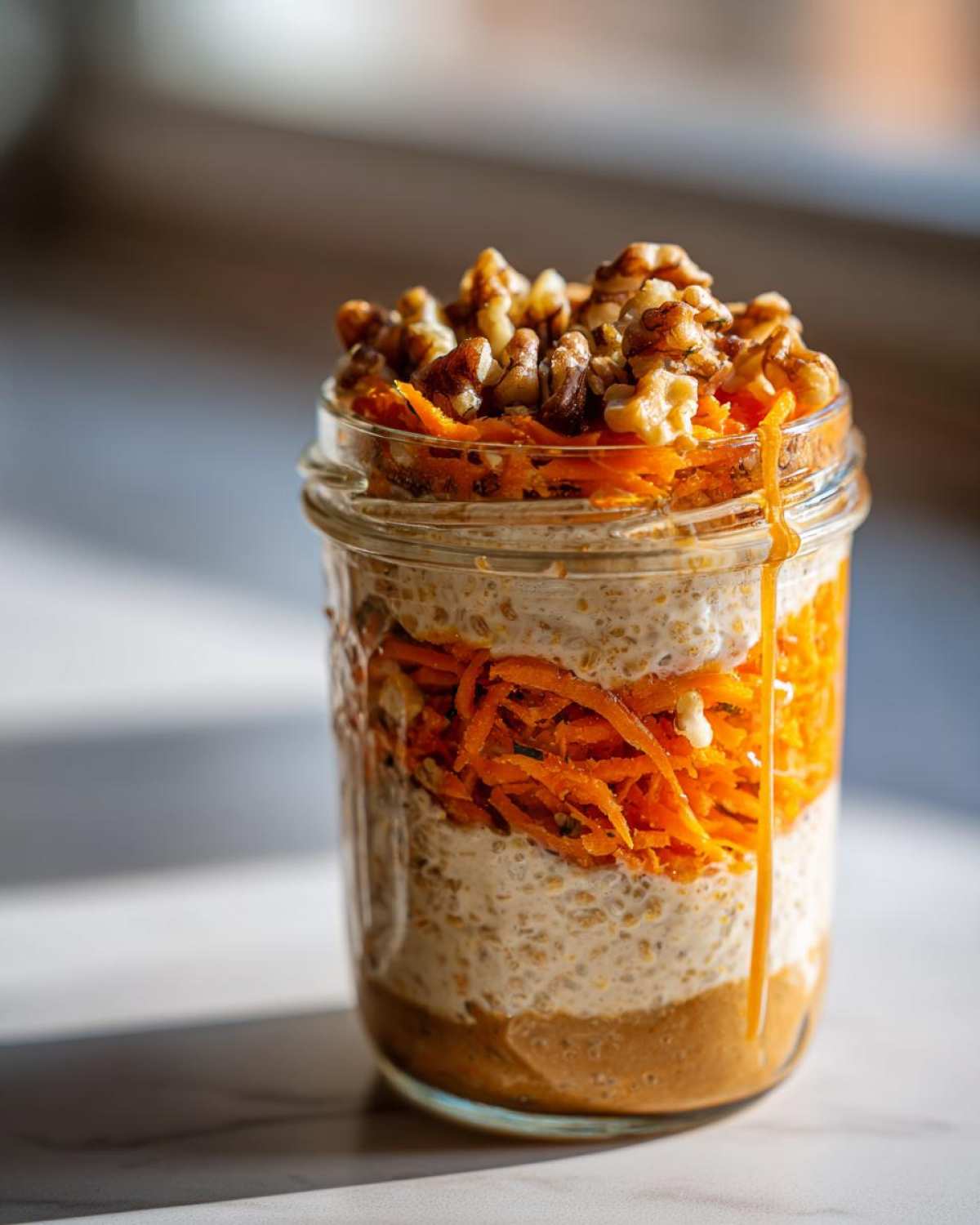 A close-up of carrot cake overnight oats in a mason jar, topped with walnuts and shredded carrots.