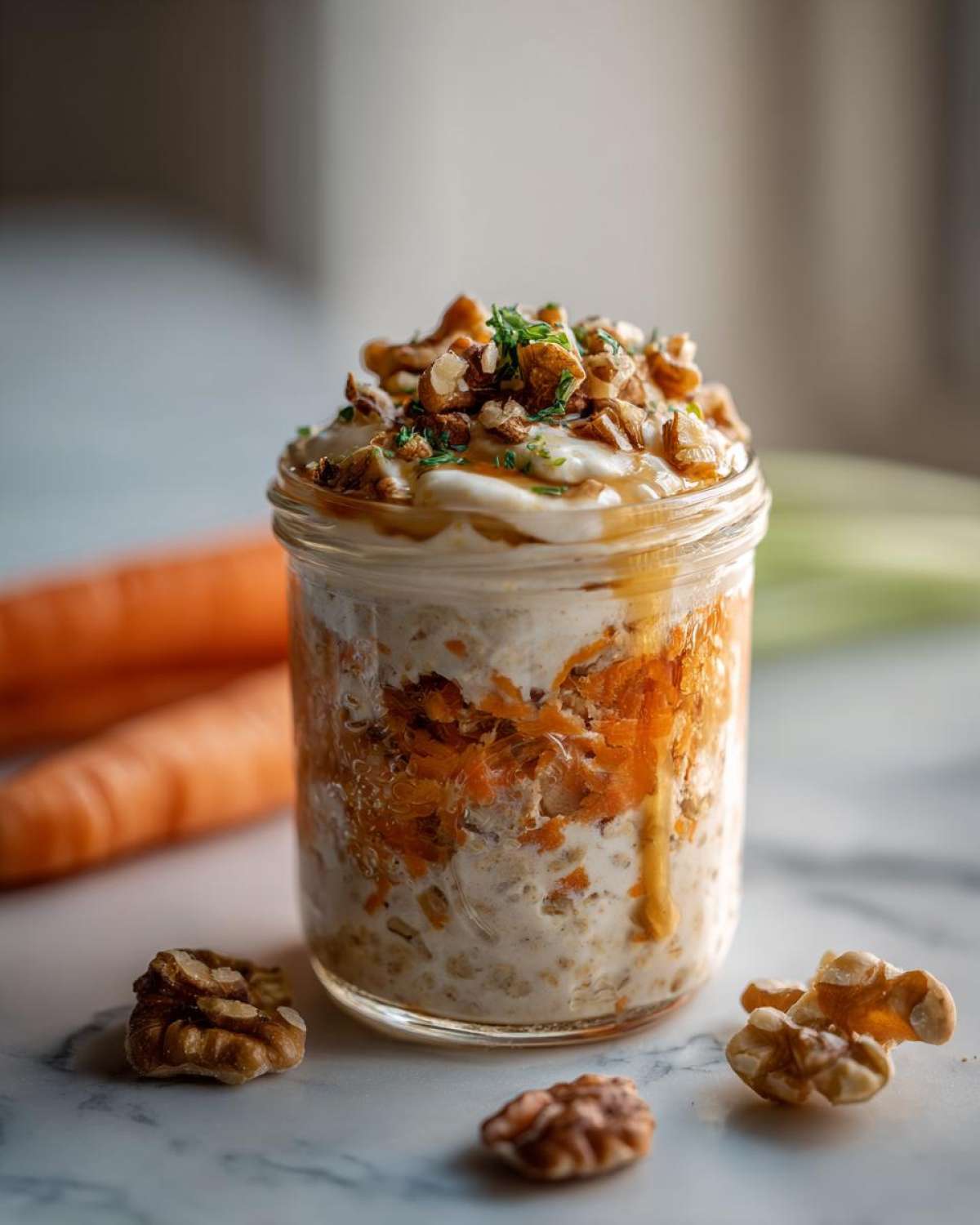 A jar of carrot cake overnight oats topped with yogurt, walnuts, and a drizzle of syrup, with carrots and walnuts in the background.