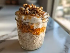 A mason jar filled with carrot cake overnight oats, topped with whipped cream, caramel, and chopped nuts.