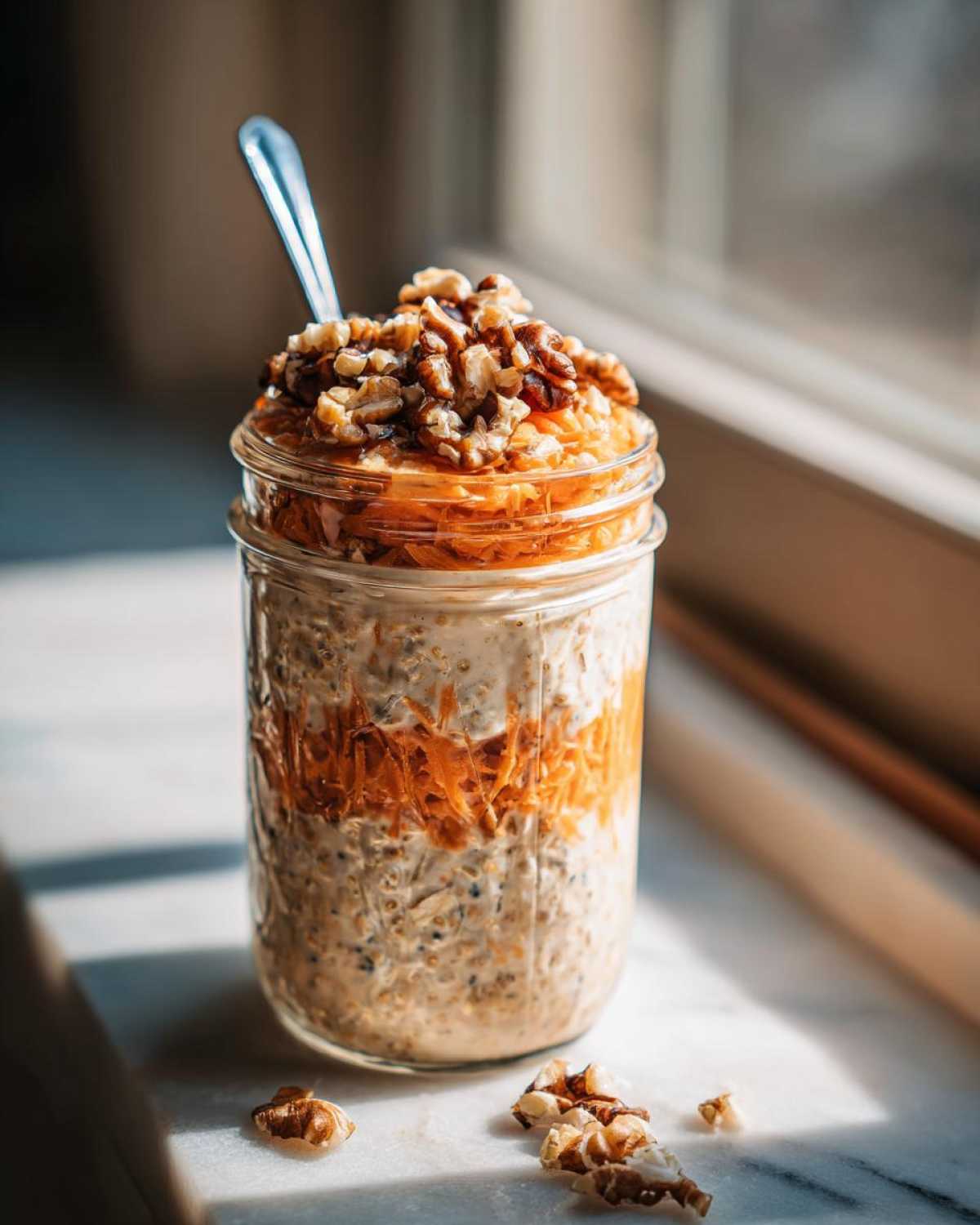 A healthy serving of carrot cake overnight oats in a mason jar, topped with shredded carrots and walnuts, ready to eat.